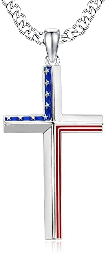 DOTBJ 925 Sterling Silver American Flag Cross Pendant Necklace for Men Boys with 3mm Durable Stainless Steel Diamond-Cut Cuban Chain 22+2 inches.