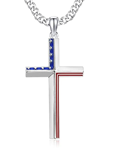 Dotbj 925 Sterling Silver American Flag Cross Pendant Necklace For Men Boys With 3Mm Durable Stainless Steel Diamond-Cut Cuban Chain 22+2 Inches. #TOP29