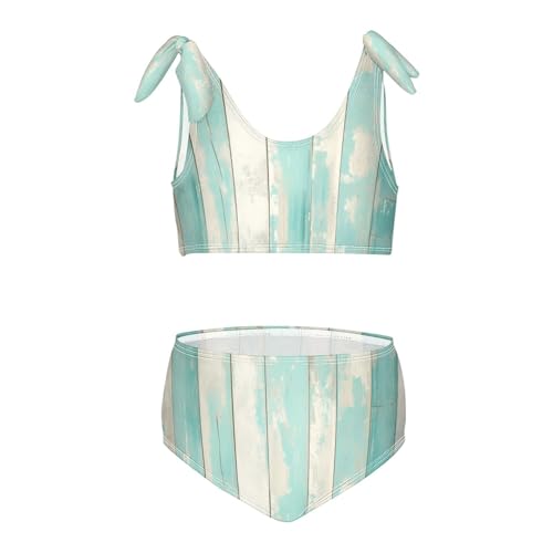 KLL Teal Turquoise Green Painted Wood Girls' 2 Piece Bikini Set Quick-Dry Swimsuit Swimwear Cute Shoulder Strap