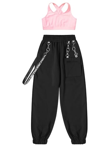 easyforever Girl Dance Clothing Set Cross Back Sleeveless Tank Top And Sweatpants Workout Jogger Tracksuit Hip Hop Dancewear Pink 14 Years3