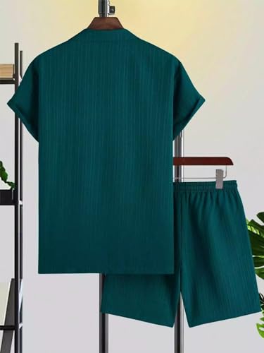 Image of Green Solid Color Mens Half Sleeves Cords Cotton Material