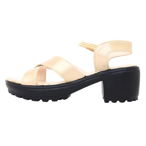 Image of Todhwear Women's Cross-Strap Block Heel Sandals, Gold, Chunky High Heel with Ankle Elastic Strap, Open Toe Wedges