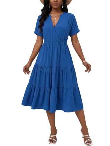 Image of PerZeal Women's Casual Tiered Midi Dress with Pockets - V Neck Short Sleeve Elastic Waist Ruffle Summer Dress for Daily Wear