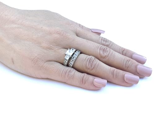 Three Stone 6mm Princess CZ Stainless Steel Wedding Ring Set3