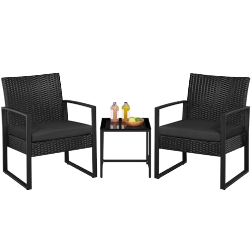 Yaheetech Conjunto de Mesa y Sillas de Jardín para Exterior Juego de Muebles de Jardin 2 Sillas Ratán con Cojines y Mesa Terraza con Tablero Vidrio de Seguridad para Terraza Balcón Negro