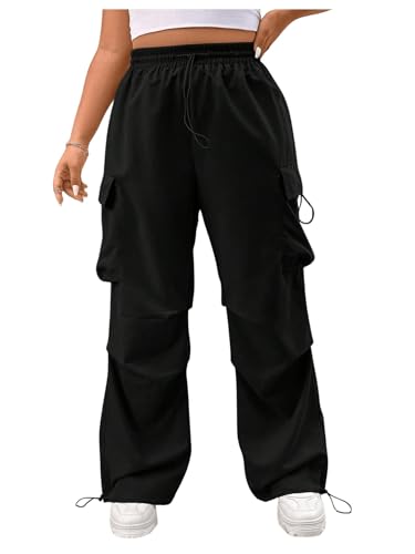 Verdusa Women's Plus Size Cargo Pants Drawstring Waist Ruched Baggy Parachute Pants Streetwear Joggers with Pockets Black XX-Large Plus
