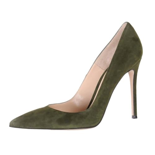 SAMMITOP Olive Green Heels for Women High Heel Suede Pumps Slip-on Pointed Toe Sexy Dress Shoes Olive US7.5