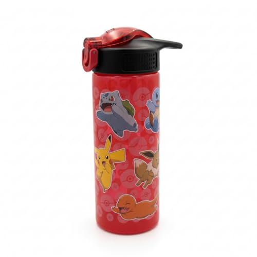 Pokémon 600ml Drinks Bottle with Flip Spout & Straw Kids Leak-Proof Water Bottle Featuring Pikachu Charmander Squirtle Bulbasaur & Eevee BPA-Free School Sports Bottle Red