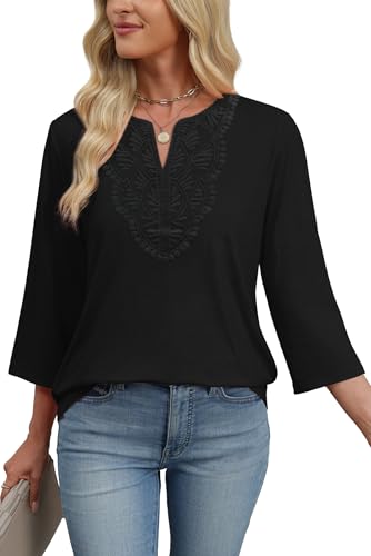 Image of WIHOLL 3 /4 Length Sleeve Womens Tops Boho V Neck Lace Shirt Trendy Blouses Dressy Casual Vacation Clothes S-3XL
