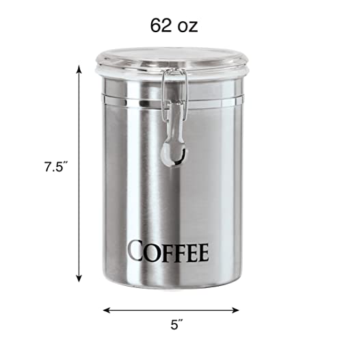 Oggi Stainless Steel Coffee Canister 62 fl oz - Airtight Clamp Lid, Clear See-Thru Top - Ideal for Coffee Bean Storage, Ground Coffee Storage, Kitchen Storage, Pantry Storage. Large Size 5" x 7.5".