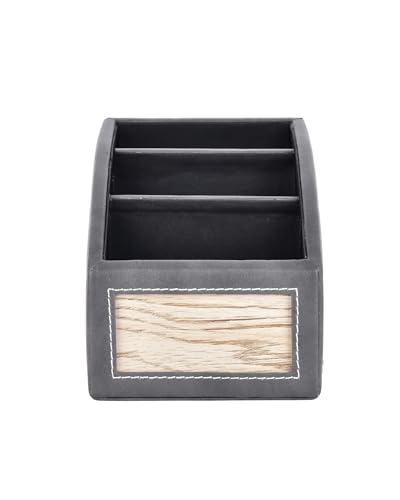 Image of Premsons Classic Remote Holder - 3 Section Tabletop Organizer in Light Brown | Faux Leather with Refined Wooden Finish | Decorative & Practical Organizer - Grey