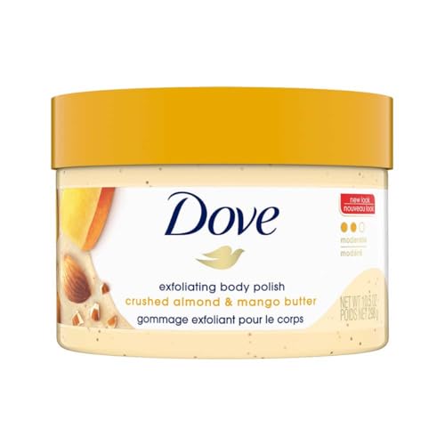 Dove Exfoliating Body Polish Scrub for Dry Skin with Crushed Almond and Mango Butter, Gently Exfoliates and Moisturizes to Reveal Instantly Soft, Smooth & Healthy Skin, Naturally Derived Ingredients, Sulfate-Free, Fruity Scent, 298g