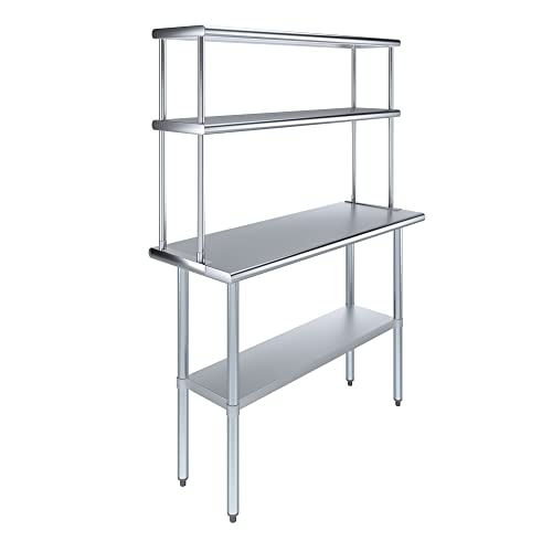 Image of AmGood Stainless Steel Work Table with 12 inch Wide Double Tier Overshelf | Metal Kitchen Prep Table & Shelving Combo | NSF (Stainless Steel Table with Double Overshelves, 48 inch Long x 18 inch Deep)