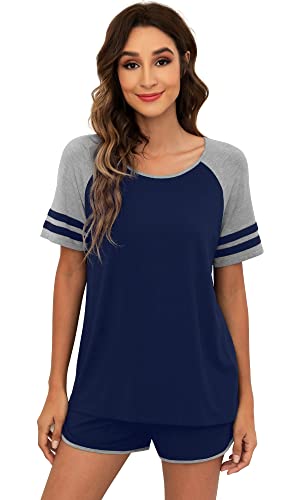 WiWi Conjunto de pijama de bambú para mujer, 2 piezas, conjunto de pijama suave, ropa de dormir de manga corta con pantalones cortos, ropa de dormir S-XXL, Azul oscuro, XL