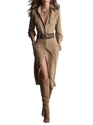 Generisch Damen Maxi-Hemdkleid aus Wildlederimitat mit Gürtel Knopfleiste schmaler Passform und Brusttaschen