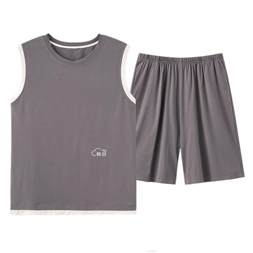 Mens Tank Top and Shorts Pajamas Set 2 Piece Summer Sleepwear PJ Set Front Pocket Shirts with Bottoms Sleep Sets