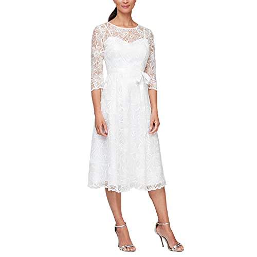 Image of Alex Evenings Womens Tea Length Embroidered Cocktail Dress with Illusion Sleeves, Wedding Guest (Petite and Regular Sizes)