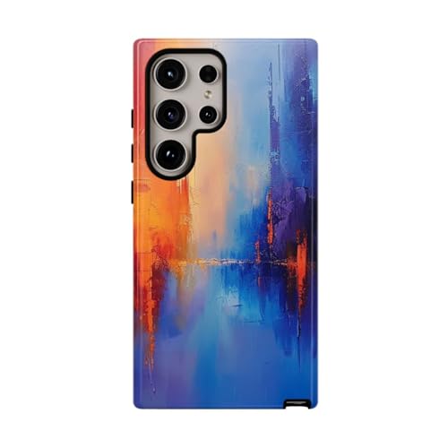 Coque Samsung S24 Ultra paysage urbain bleu et orange, protection rigide brillante pour mobile