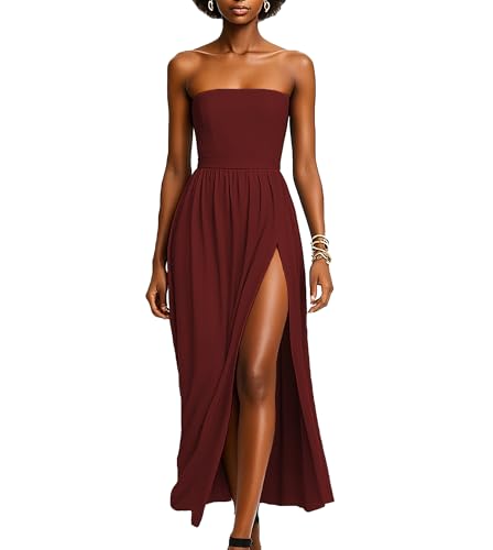 Women's Sexy Strapless Asymmetrical Ruffles High Split Bodycon Midi Dresses Elegant Black Ruched Cocktail Party Dress