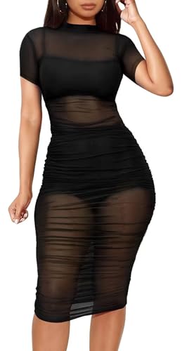Women See Through Bodycon Dress - Sexy 3 Piece Outfits Cami Top Shorts Ruched Sheer Mesh Midi Party Dress