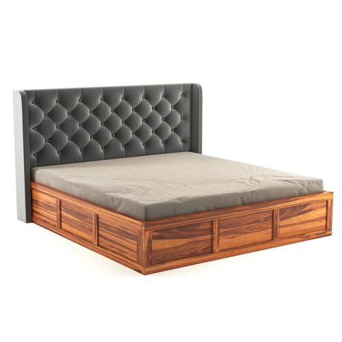 Image of Solid Sheesham Wood King Size Bed with Storage | Wooden Double Bed Cot Bed with Box Storage & Velvet Upholstered Cushioned Headboard for Bedroom (Honey C, King)