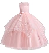 IDOPIP Flower Girl Sequin Appliques Dress for Kids Wedding Pageant Party Long Gown Princess Birth...