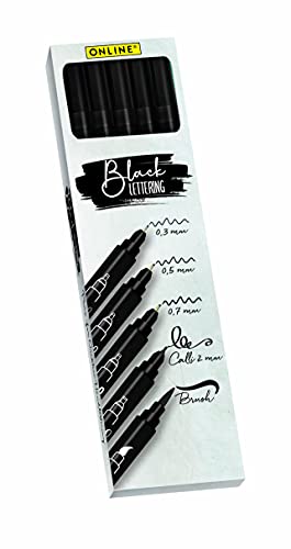 Online Black Handlettering-Set | 5 Kalligraphiestifte in Schwarz | mit Brush Pen, Fineliner-Spitze und Kalligrafie-Spitze | Tuschestifte für Bullet Journal, Sketchnotes, Schulnotizen & DIY Geschenke