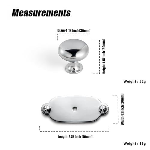 Image of Goo-Ki Chrome Plating Zinc Alloy Cabinet Knob with Backplate - Single Hole Center Cabinet Pull Hardware for Bedroom, Kitchen, 12 Pack（8611-G013）