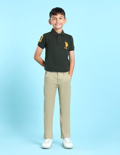 Image of U.S. Polo ASSN. Kids Trousers for Boys - Cotton Stretch Fabric, Mid-Rise Waist, Twill Weave Casual Trousers for Boys