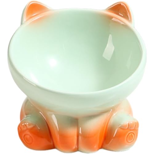 Vlwm猫 餌入れ 陶器製 陶器 斜めデザイン 高脚 猫ご飯皿 犬 フードボウル 兼用 13cm 大容量 抗菌 黒顎防止 3色グラデーション 水飲み皿 セット (C)