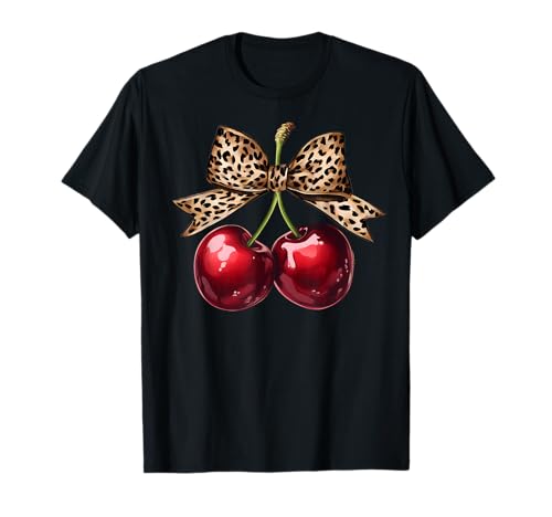 Retro Cherry Leopard Coquette Bow Cute Cherries Women Girls T-Shirt