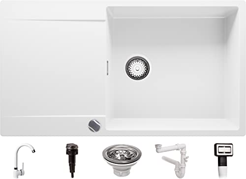 Evier Cuisine en Granit Blanc, 90 x 50 cm, Lavabo 1 bac + Robinet + Siphon Automatique, Évier à Encastrer de Primagran