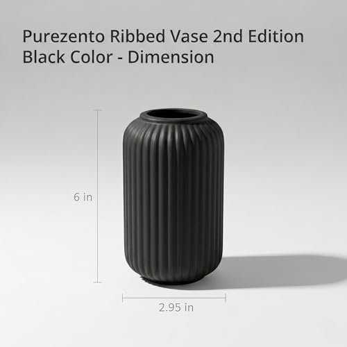 Image of PUREZENTO Black Ribbed Texture Ceramic Vase - 6 Inch | Vases for Centerpiece Home Decor, Living Room & Bedroom | Vase for Pampas Grass, Dried & Artificial Flowers