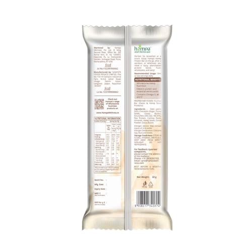 Image of Hampa Hemp protein Bar 50g | Dark Chocolate Flavour | 10g Plant Protein | No Whey, Vegan Friendly | No Added Sugar, Sweetened with Dates | Anytime Snack with Edestine Protein | Pack of 6