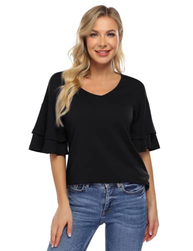 Clearlove Summer Women's V Neck Top Blouse Casual Ruffle Bell Sleeve Loose Blouse Shirt Tops Black #TOP2