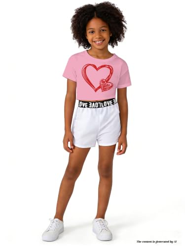 Image of Betusline Girls Summer 2 Piece Outfits,Kids Short Sleeve Crop Top & Shorts Set with Side Pockets
