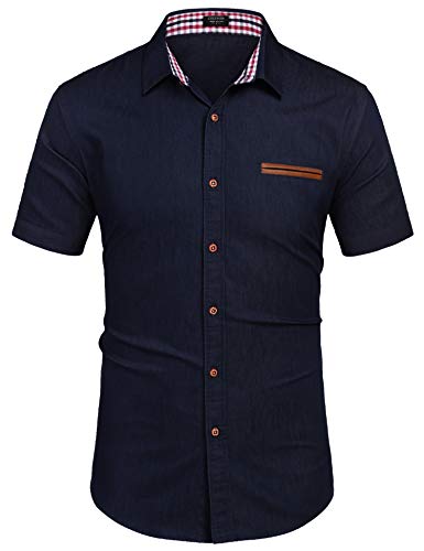 COOFANDY Men's Casual Cotton Short Sleeve Button Down Dress Shirt Plaid Collar Denim Work Shirts2