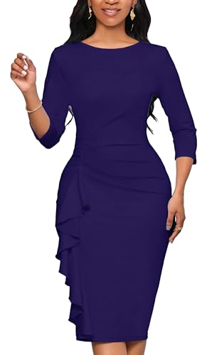 Yajedo Church Dresses for Women 3/4 Sleeve Bodycon Ruffle Vintage Wear to Work Pencil Midi Dress