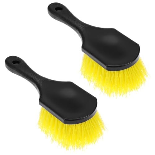 Image of QWORK 8 inch Utility Scrub Brush with Plastic Handle and Yellow Polypropylene Bristles, 2 Pack Multi-Purpose Cleaning Tool for Wheels and Tires