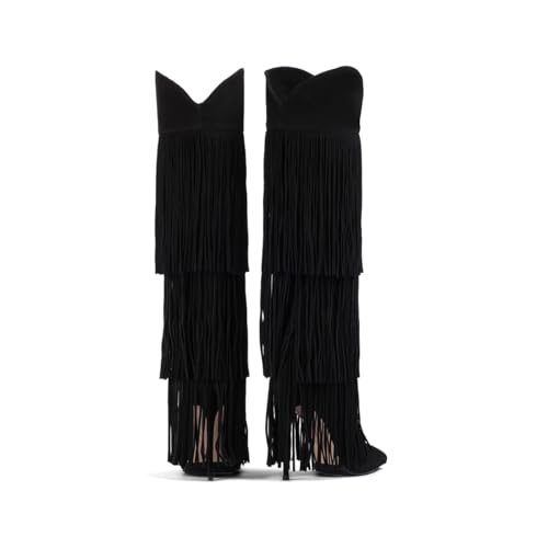Layer Fringe Tassel Knee High Boots Women Suede Pointed Toe Stiletto Heel Long Booties Fall Fashion Dress Cowgirl Boot3