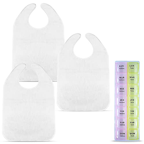Babero Impermeable para Adultos y Personas Mayores, Pack 3 Baberos Impermeables Grandes para Ancianos y Pastillero Semanal, Baberos de Tela de Rizo y Plástico Impermeable de Adulto y Persona Mayor Cover