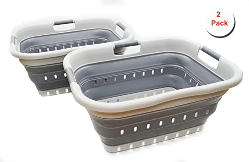 Image of SAMMART 41L (10.8 gallon) Set of 2 Collapsible 3 Handled Plastic Laundry Basket-Foldable Pop Up Storage Container /Organizer-Space Saving Hamper /Basket (2, Grey /Dark Grey)