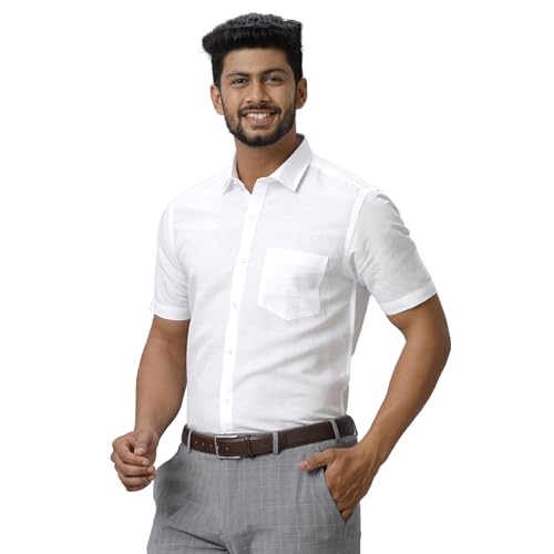 Image of RAMRAJ COTTON Men White Solid Half Sleeve Cotton Shirt