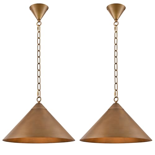 Caiselee 15.8 Inch Antique Brass Farmhouse Pendant Lights, 2 Pack All Metal Kitchen Island Pendant Lighting 71'' Adjustable, Vintage Cone Hanging Light Fixture for Dining Room Table Sink Entryway Bar