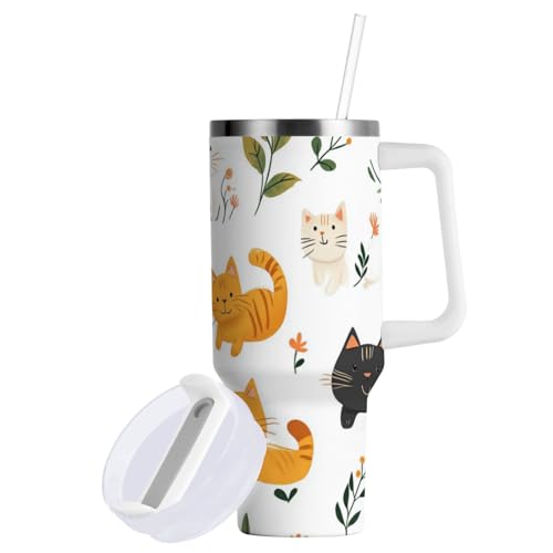 Vaso al vacío de 40 onzas con pajilla, resistente a fugas, diseño de dibujos animados, lindos gatos, flores, blancas, botellas de agua, boca ancha, taza de café de viaje con asa para deportes,