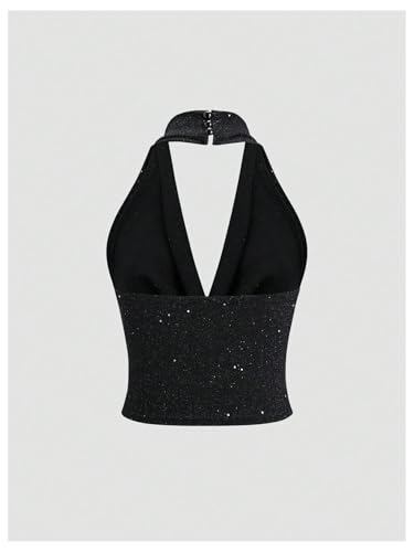 SOLY HUX Women's Halter Top Sparkly Sexy Backless Party Crop Tops Club Rave Festival Outfits Black2