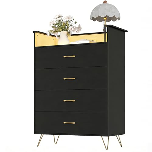 Jojoka 4 Drawer Dresser with RGB LED Light & Charging Station - Modern Chest of Drawers with App Control - Tall Wooden Dressers Chest, Closet for Bedroom, Living Room, Entryway, Hallway – Black
