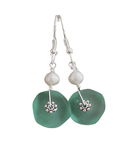 Yinahawaii Handmade Sea Glass Earrings, Hawaiian Jewelry for Women, Wire Earrings Pearl Earrings, Unqiue Earrings Beach Jewelry Birthday Gift For Women (Aquamarine - March)