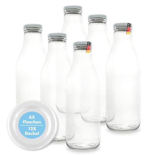 Flaschenbauer - Milchflaschen 1 Liter 6er Set - weiße Glasflaschen zum Befüllen Glasflasche mit Twist-Off Deckel TO48 & Ersatzdeckel Saftflaschen Smoothie Flasche Vorratsflaschen Made in Germany