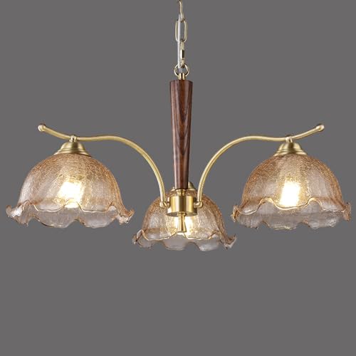 Luminaire suspendu bois de ferme rustique avec abat-jour verre ambré antique